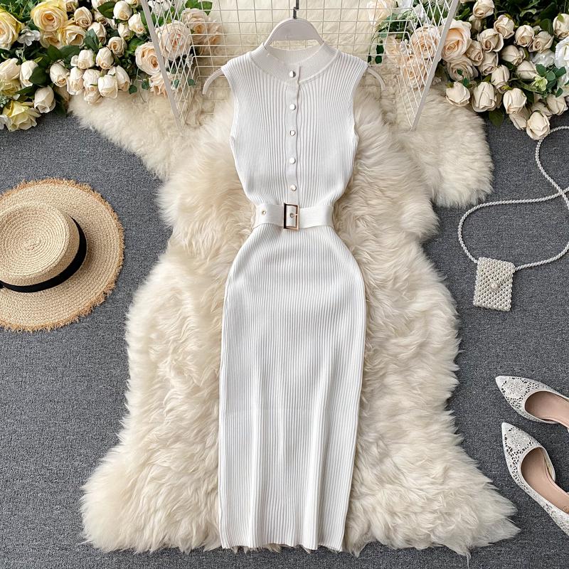 RUGOD European and American Dress Women's New Breasted Lace-up Waist and Hips Elastic Knitted Sleeveless Sexy Hip Dress