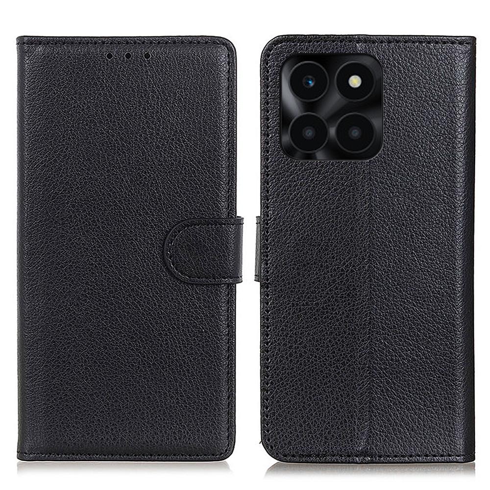

For Honor X6a 4G Shockproof Shell Litchi Texture PU Leather Wallet Case Stand Phone Cover Black