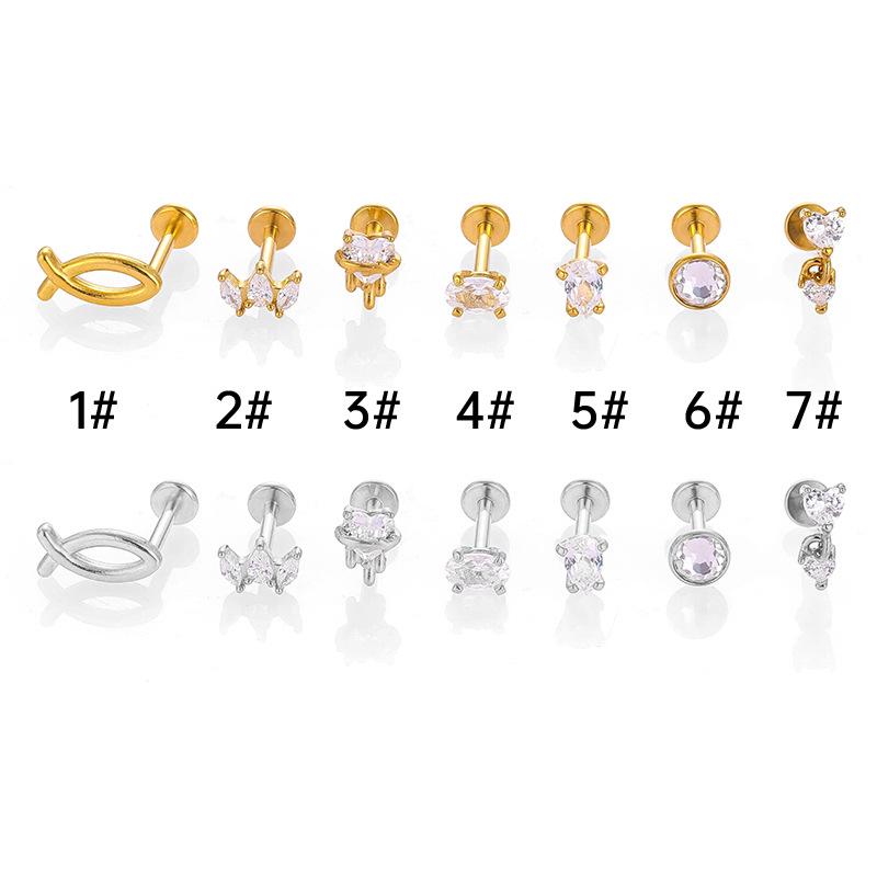 316L Stainless Steel Lip Stud & Cartilage Earring - Zircon Heart Fish Bone Crown Design