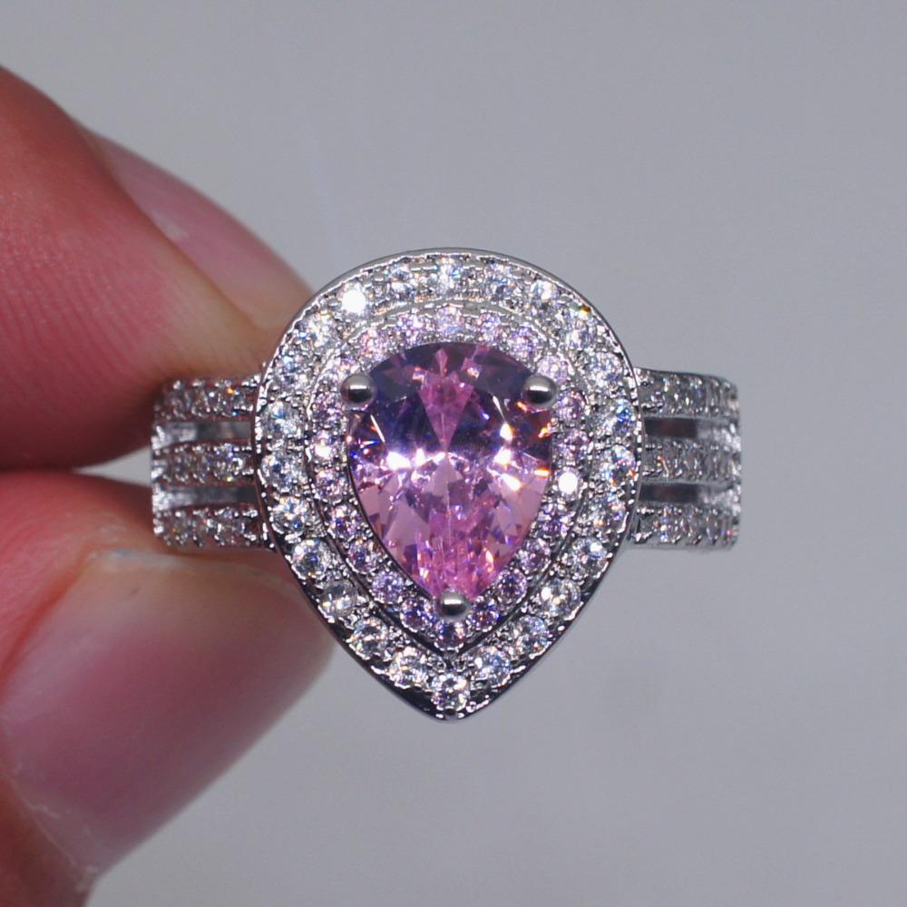Elegant Pink Crystal Pear Drop Ring for Women Creative Engagement Wedding Band