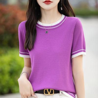 Maglia estiva da donna, sottile, con scollo rotondo e maniche corte, in maglia con fondo abbinato