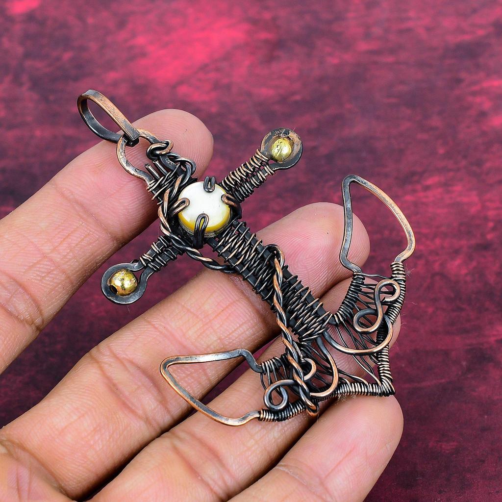 Mother Of Pearl Gemstone Pendant Copper Wire Wrapped Anchor Pendant Handmade Jewelry