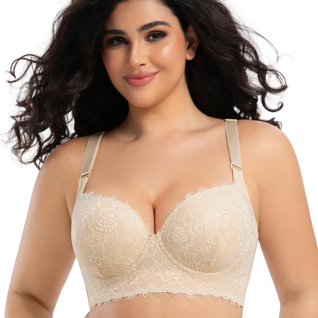 Large-sized Lace Bra Women's Seamless Sexy Underwear Gathering Bra Breast Retraction Anti-sagging Underwire Bra Deep V Bra