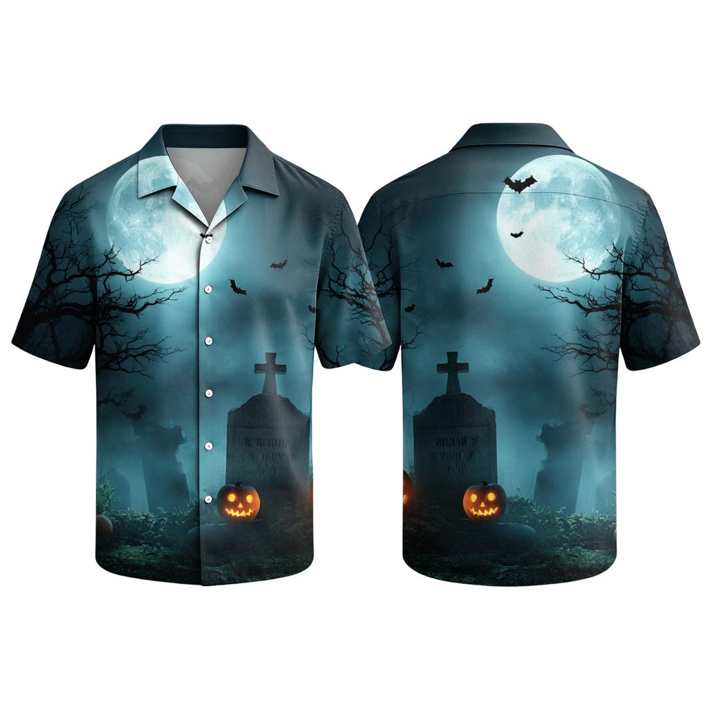 Men's Casual Short Sleeve Button Down Shirt with Halloween Graphic Print Lapel Collar Lightweight Top for Daily Wear