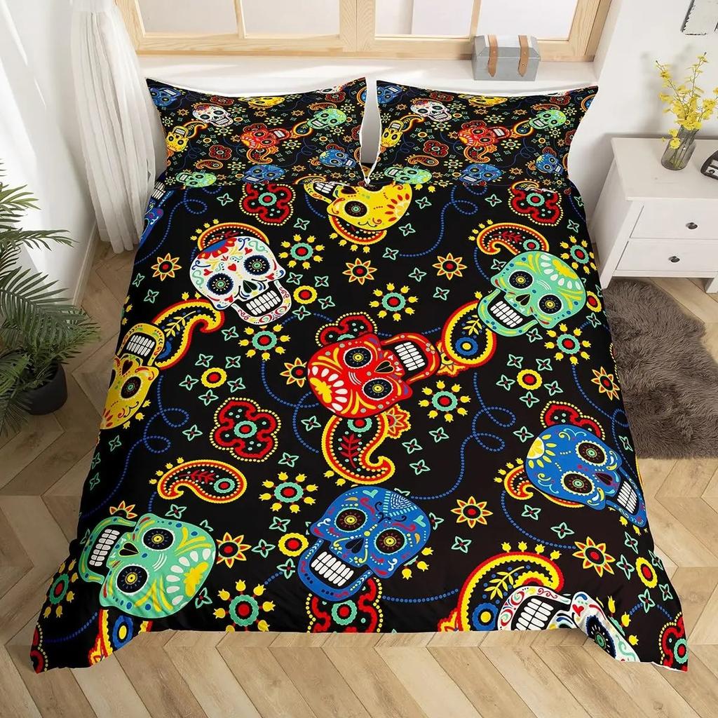 Sugar Skull Duvet Cover Colorful Vintage Floral Bedding Set Hippie Mexico Style Comforter Cover Gothic Skeleton Quilt Cover