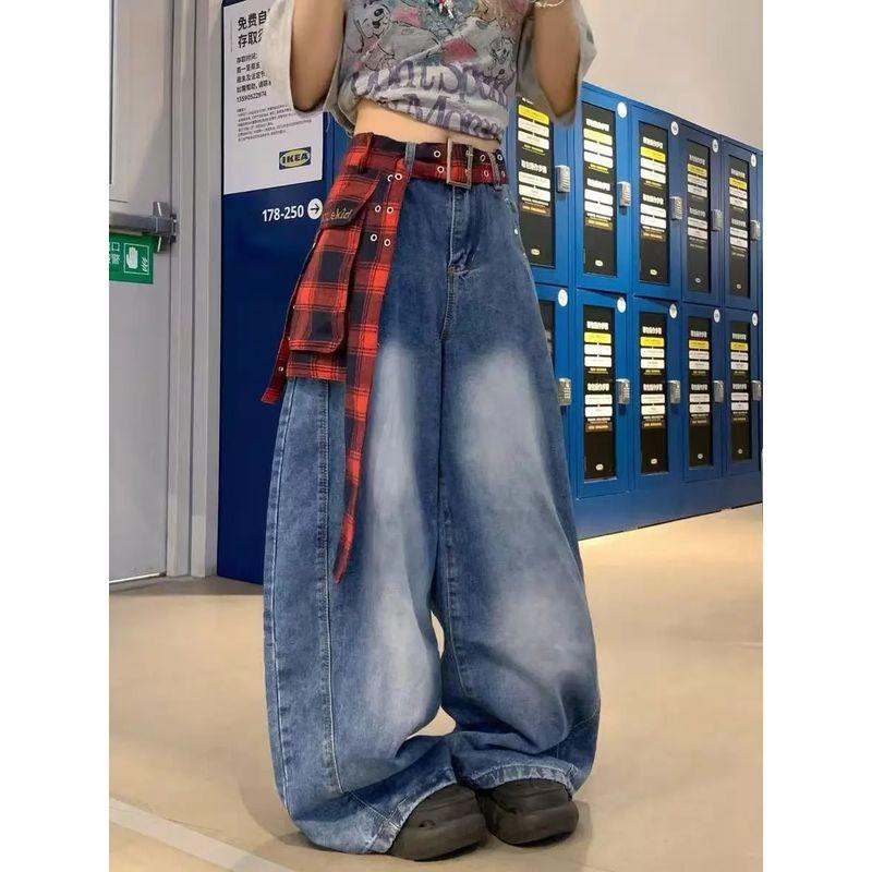 

American Retro Gingham Skirt Seal Fart Curtain Straight-leg Denim Female Summer Stylish Loose Slim-Fit Wide-Leg Pants Blue 4XL
