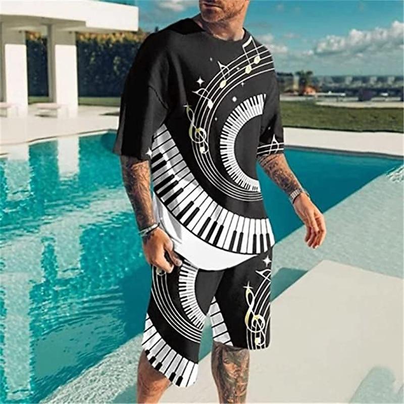 Men's Pattern Music Note 2-piece T-shirt Shorts Round Neck Casual Set Comfortable Outdoor Vacation Daily 3D Printed T-shirt Set
