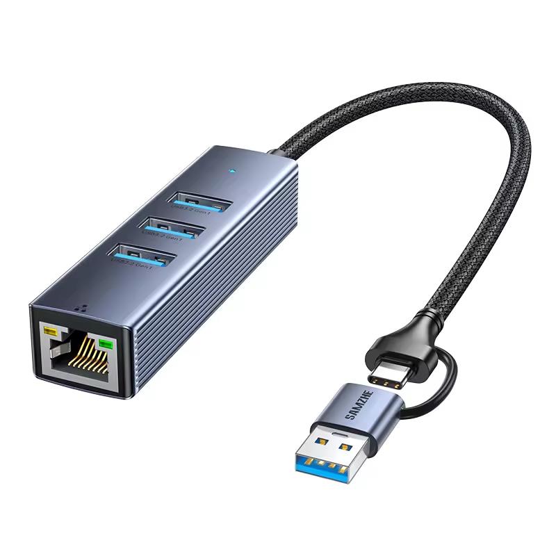 SAMZHE USB-A/Type-C 4-Port Hub 3 USB 3.0 5Gbps RJ45 1000Mbps Ethernet Adapter Aluminum Alloy PC Laptop Accessories in Stock