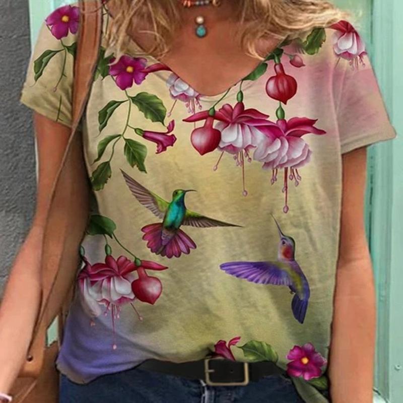 

Fashion Spring Bird Print Blouses Short Sleeved V-Neck T Shirts Casual XS синий