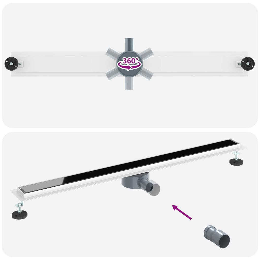 Shower Drain with Glass Cover and 360 degrees Siphon Black 100 cm