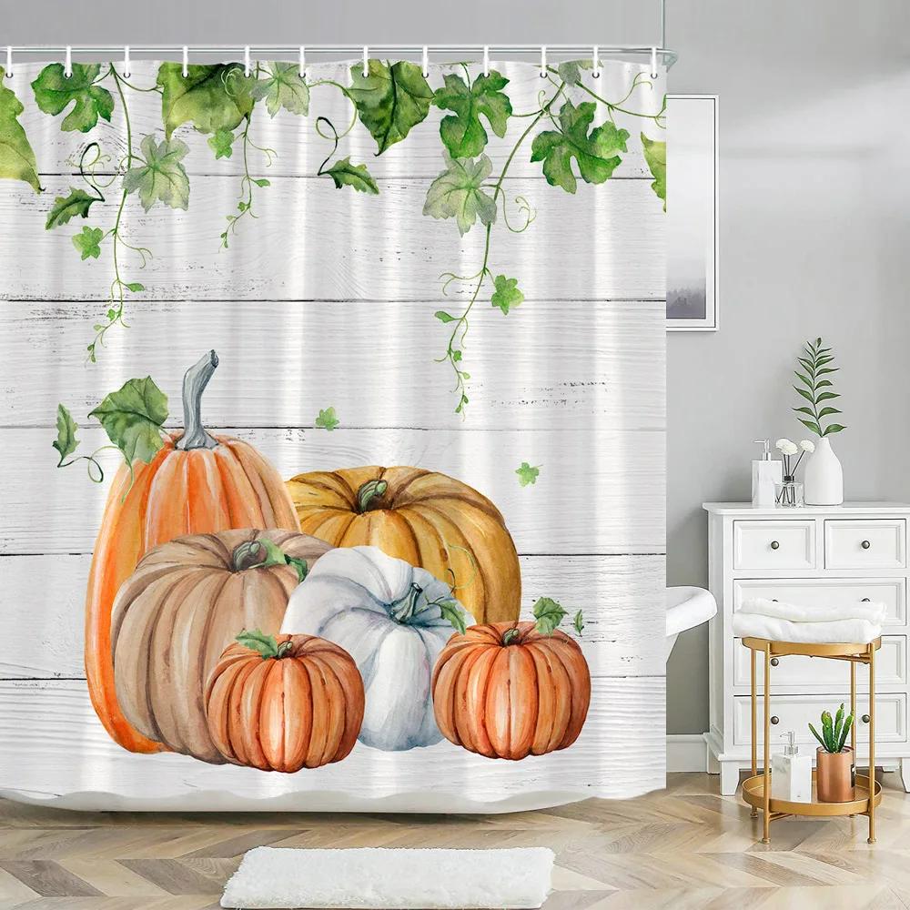 

Fall Pumpkin Shower Curtain Autumn Leaves Thanksgiving Decorative Washable Bath Curtain Polyester Fabric Home Bathroom Curtain 90x180cm