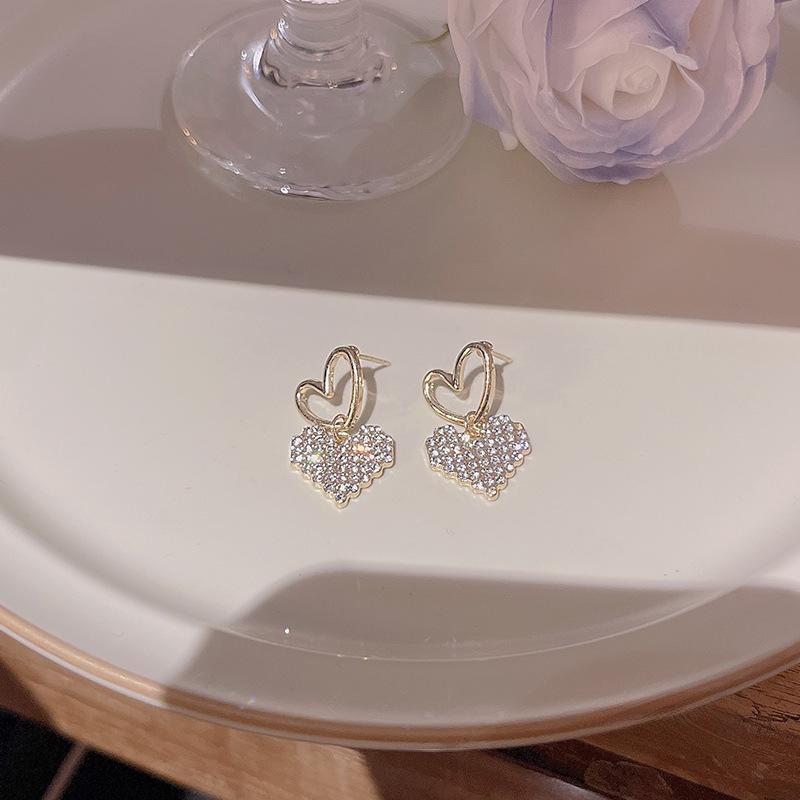 Sterling Silver Love Earrings with Full Diamond Design - Elegant and Versatile Women's Fashion Jewelry.