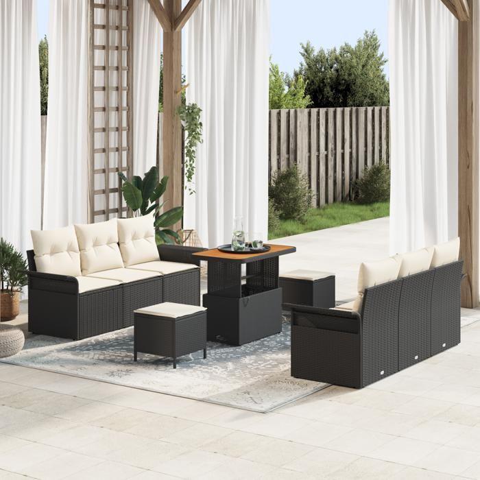 Ensemble de canapés de jardin 9 pièces avec coussins en noir rattan poly acacia, Canapé de jardin 2 places avec rangement 3364040
