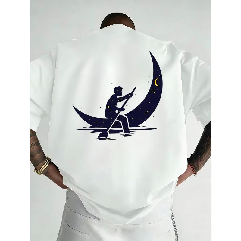 Herren T-Shirts Rudern auf Mondsichel mit Sternen und Wasserreflexion Design für Nachthimmel-Liebhaber und Träumer Atmungsaktives Freizeit T-Shirt