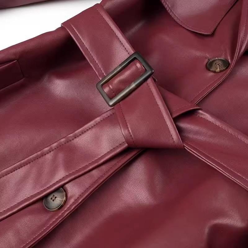 Fall and Winter New Women's Clothing Fashion Style Long Sleeves Lapel Loose with Belt Long Poly Urethane Leather Trench Coat Outwear