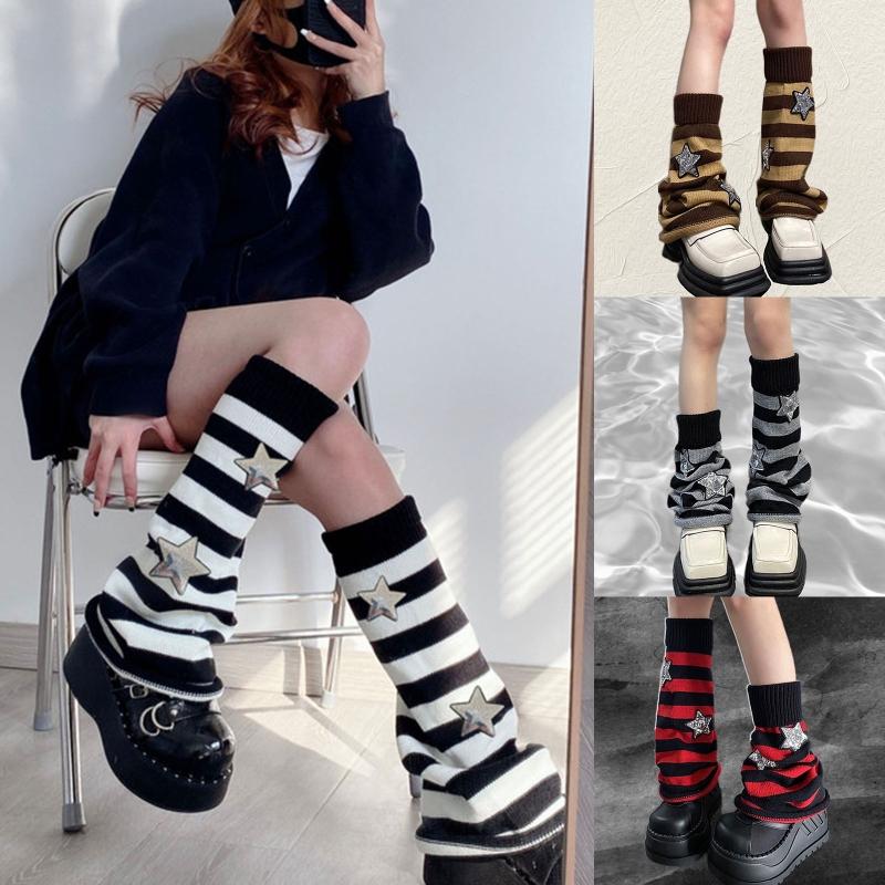 Harajuku Women Autumn Leg Warmers Socks Japanese Gothic Striped Sequins Stars Knitted Long Socks Punk Baggy Foot Covers