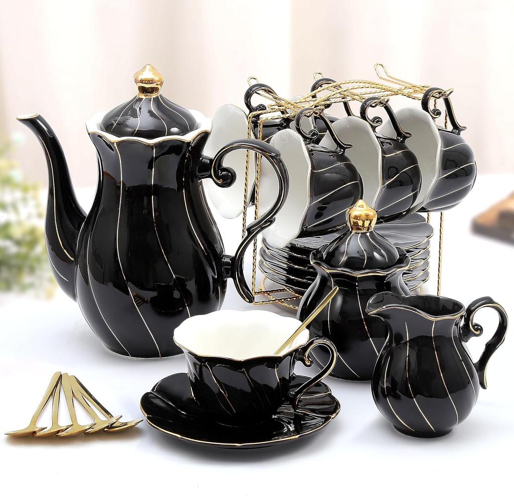 22 Pcs Porcelain Tea Set for 6, Luxury British Style Tea/Coffee Cup Set with Golden Trim, Beautiful Tea Set for Women, Tea Party