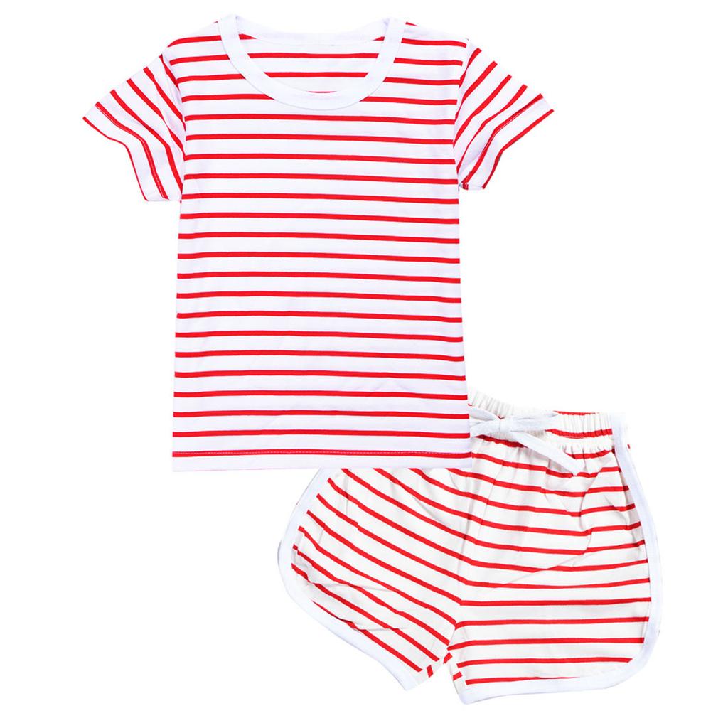 Children's Leisure Stripe Short Sleeve Round Neck T-Shirt and Shorts Set