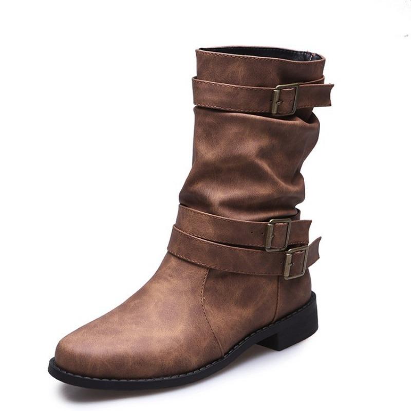 

Autumn and winter medium boots women s new fashion retro round head sleeve thick heel large size women s boots 43 коричневый