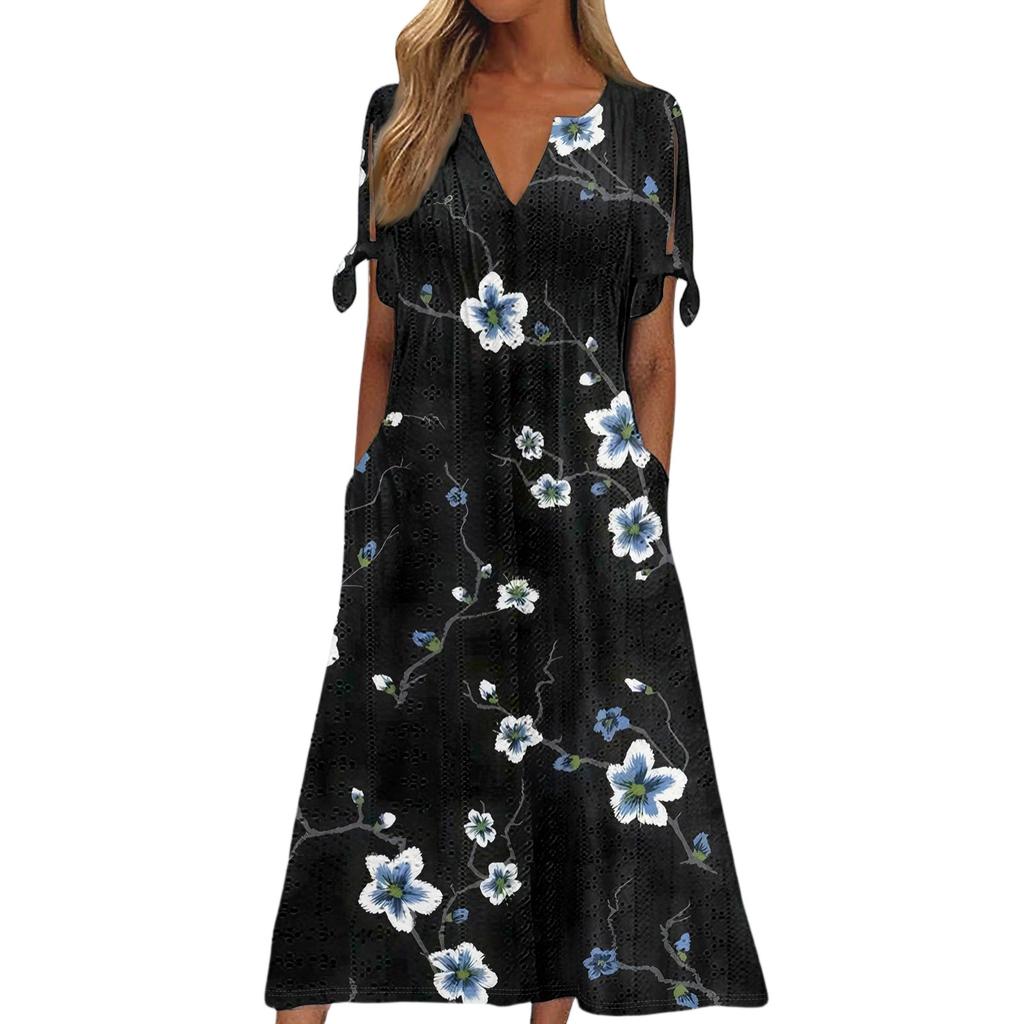 Ladies Casual Fashion Temperament Elegant Waist Patchwork Print Long Dress