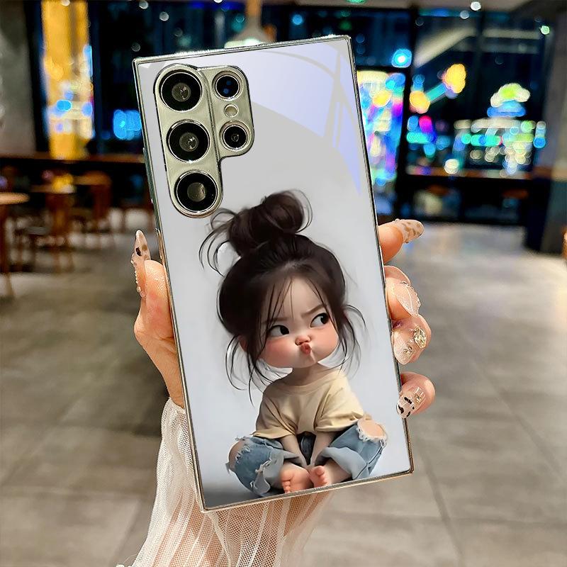Cute Cartoon Girl Electroplated Silver Phone Case For Samsung Galaxy S26 S25 S24 S23 S22 S21 S20 Ultra Plus FE S26+ Glass Cover