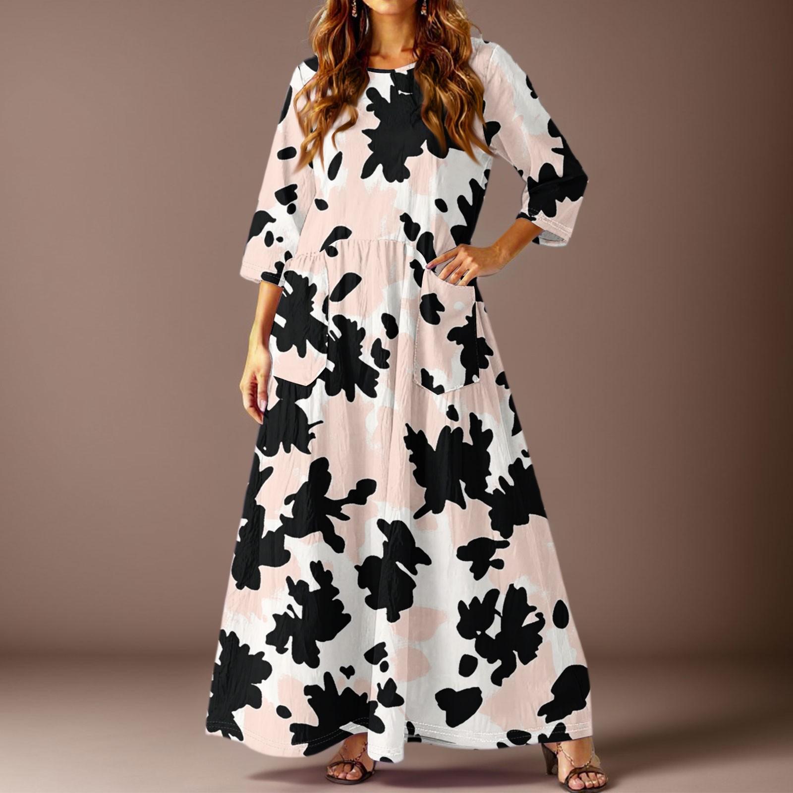 

Жіноча повсякденна модна сукня максі з квітковим принтом, рукавом три чверті та кишенями L бежевий