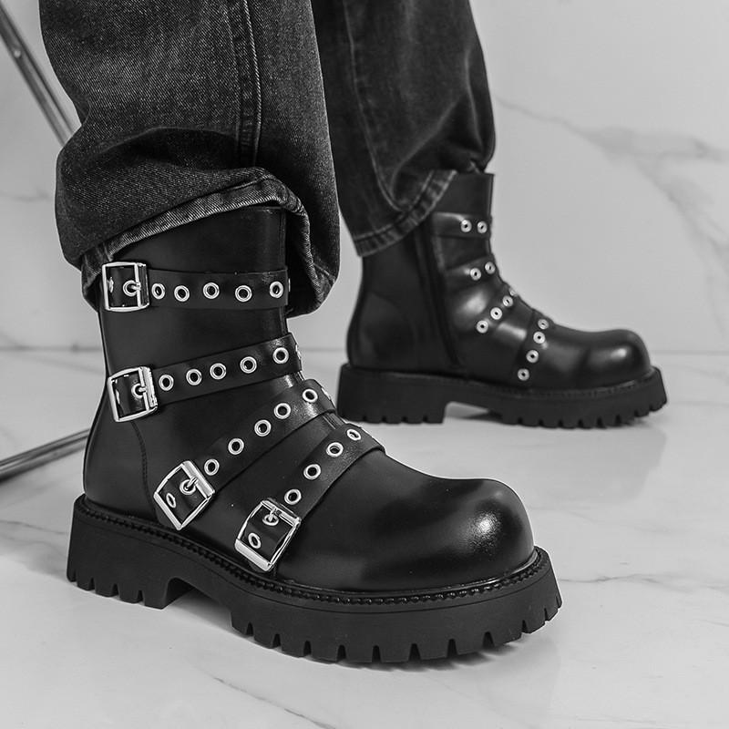 Mens Chunky Sole Chelsea Boots With Side Zipper Round Toe Mid-Heel Ankle Winter Casual Wear