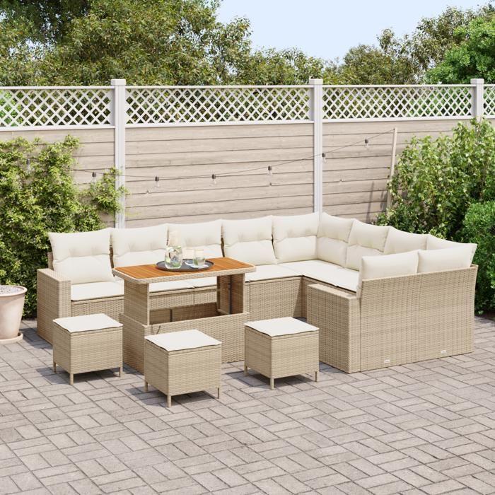 Ensemble de canapé de jardin VidaXL 13 pièces avec coussins Beige Poly Rattan Acacia, Ensemble de salle à manger de jardin 3361661