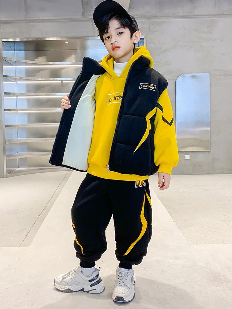 Duży dziecięcy swobodny kamizelka trzyczęściowy garnitur dla chłopców jesień i zima plus aksamitny gruby garnitur modny