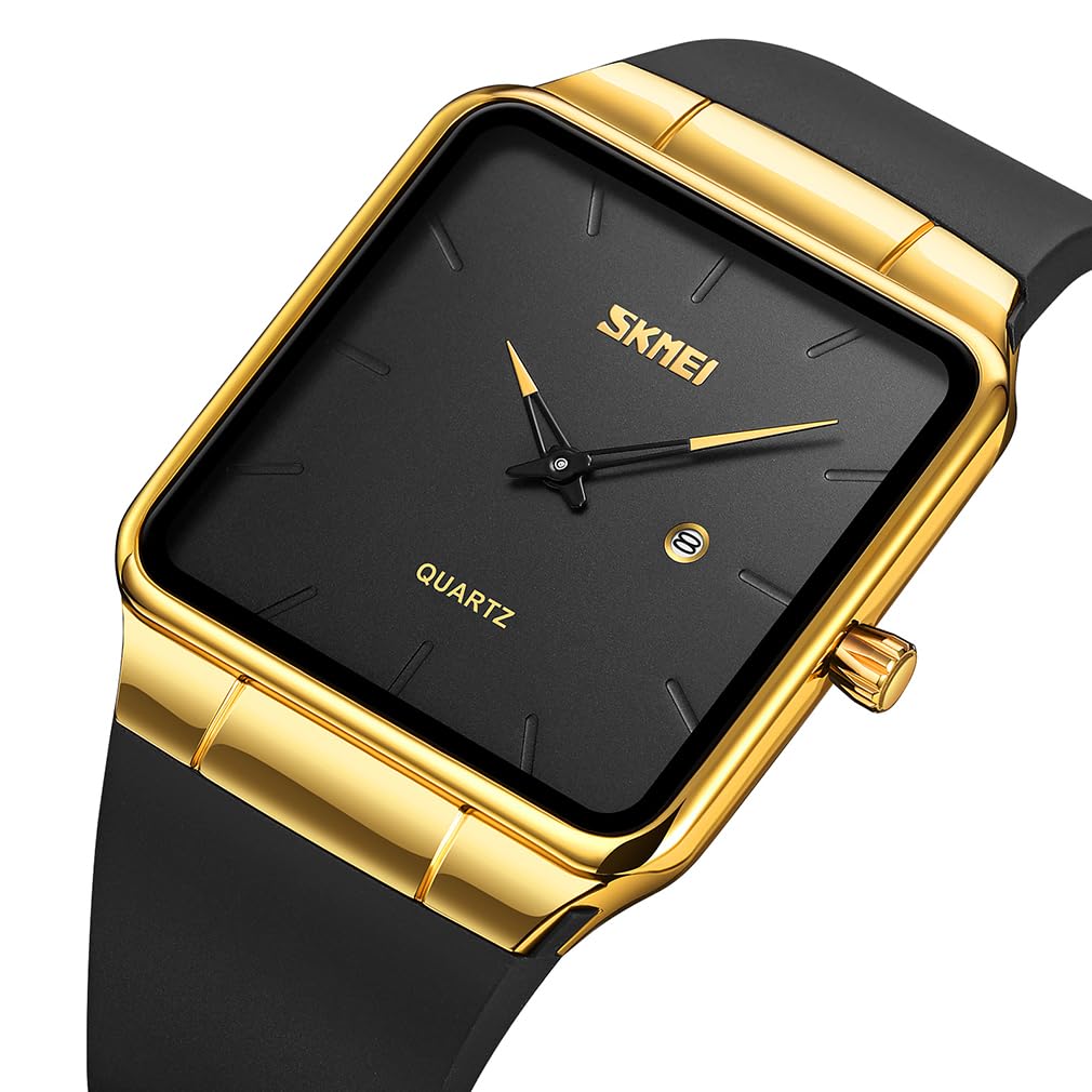 Square Watch Men Leather Strap Black Simple Slim Stylish Wristwatch Gentleman Waterproof Business Casual Male Gift Gold Black