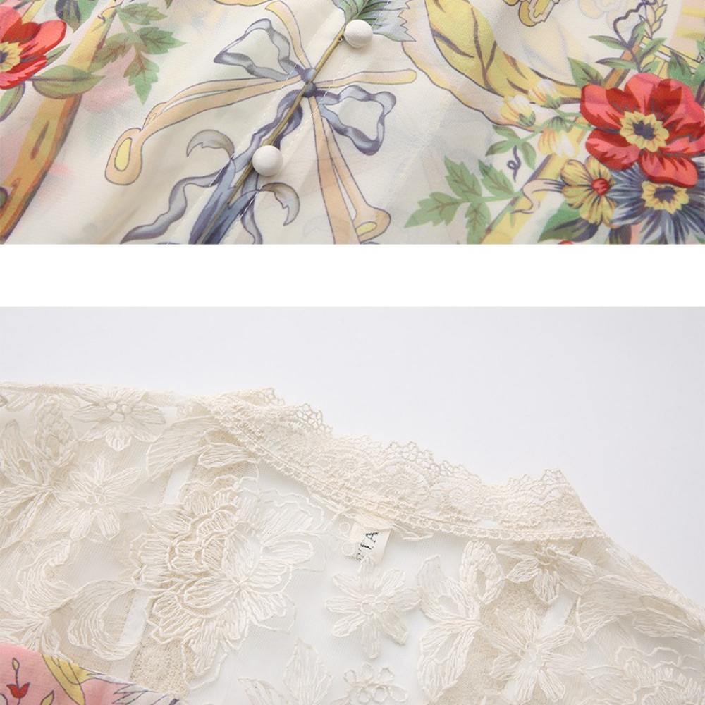 2026 Spring/Summer Resort-Style V-Neck Puff Sleeve Lace-Panel Printed Long Maxi Dress