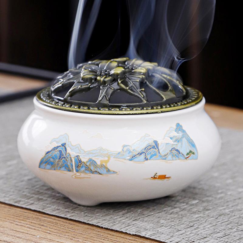 1 pcs Landscape Meditation Lotus Theme Celadon Ceramic Incense Burner Home Furnishings Sandalwood Incense Burner