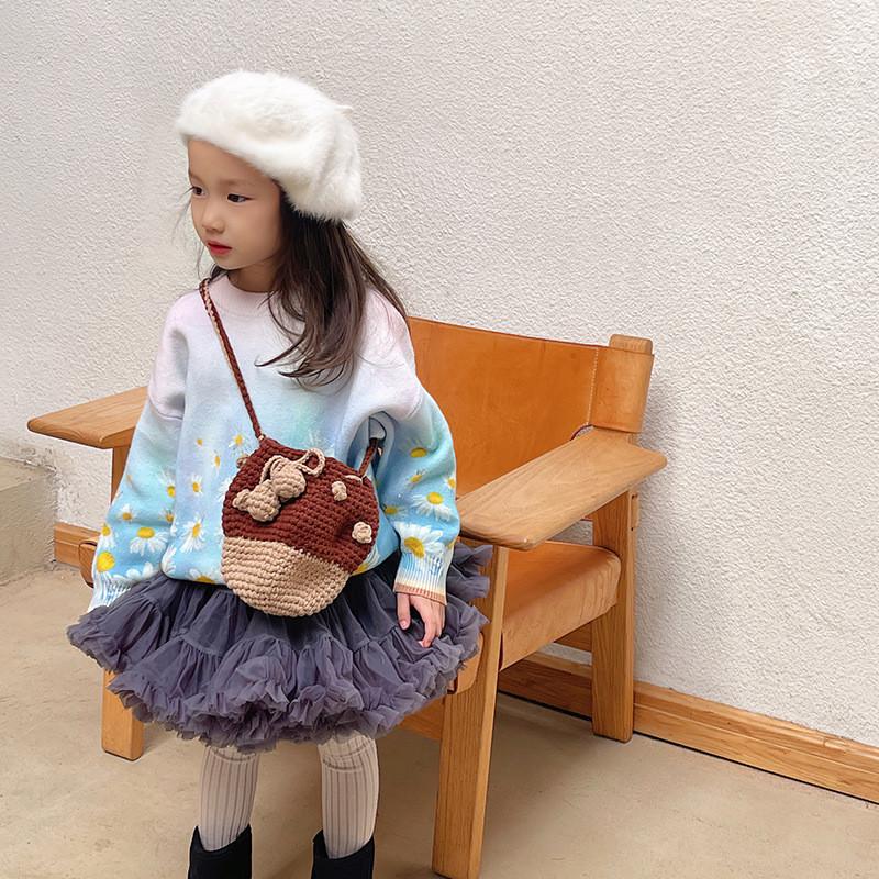 Adorable Fashionable Mushroom Knit Crochet Bag For Kids In Orange Red And Brown Colors