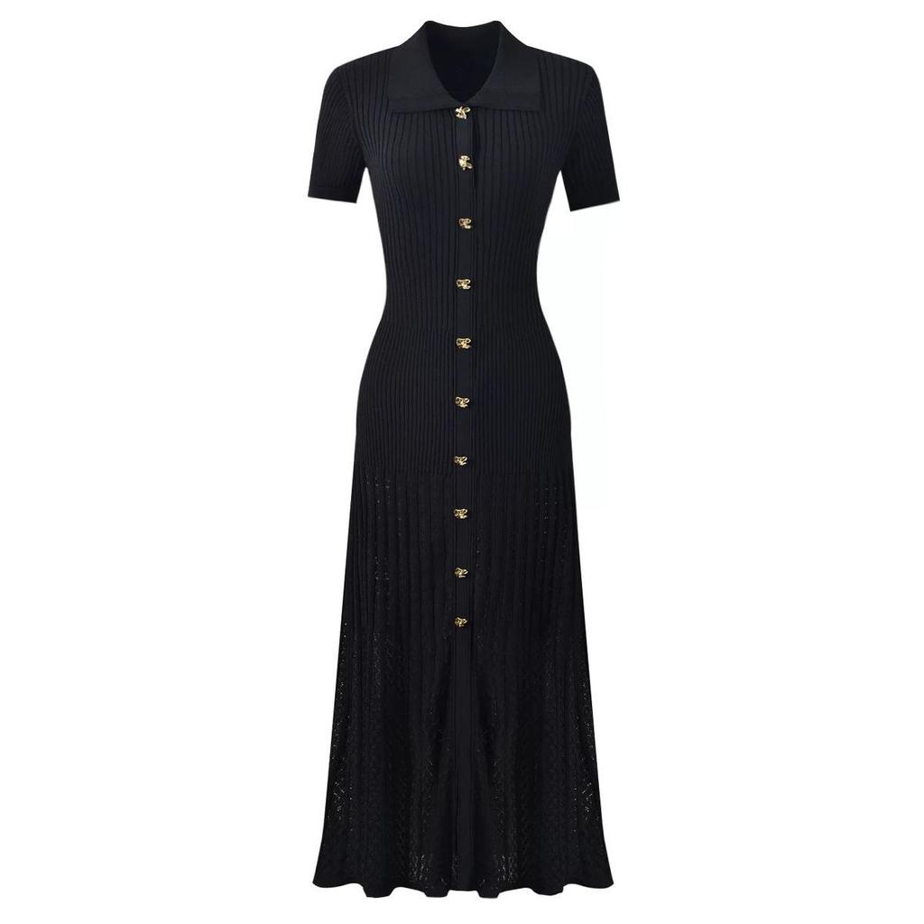 Přiléhavé evropské a americké pletené šaty s polo límečkem a rozšířenou sukní 2025 - Dámské středně dlouhé šaty se stahujícím pasem