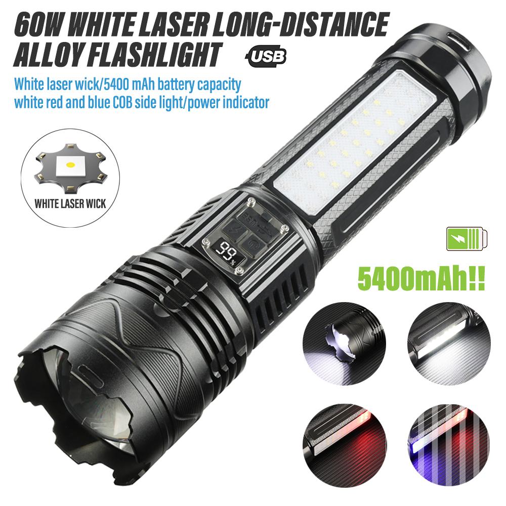 Super Bright Aluminum Alloy LED Flashlight With 60W High Power White Laser Beads With 5400 MAh High Capacity Lithium Battery