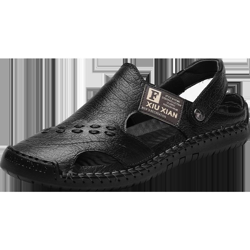 

Сандалии мужские кожаные двухслойные классные тапочки летние дышащие уличные нескользящие повседневные пляжные туфли с мягкой подошвой 38 чёрный