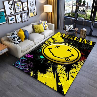 Nirvana Smiley Face Graffiti Style Carpet, Yellow and Black Design Suitable for Use As an Anti-slip for Living Room Bedroom Sofas