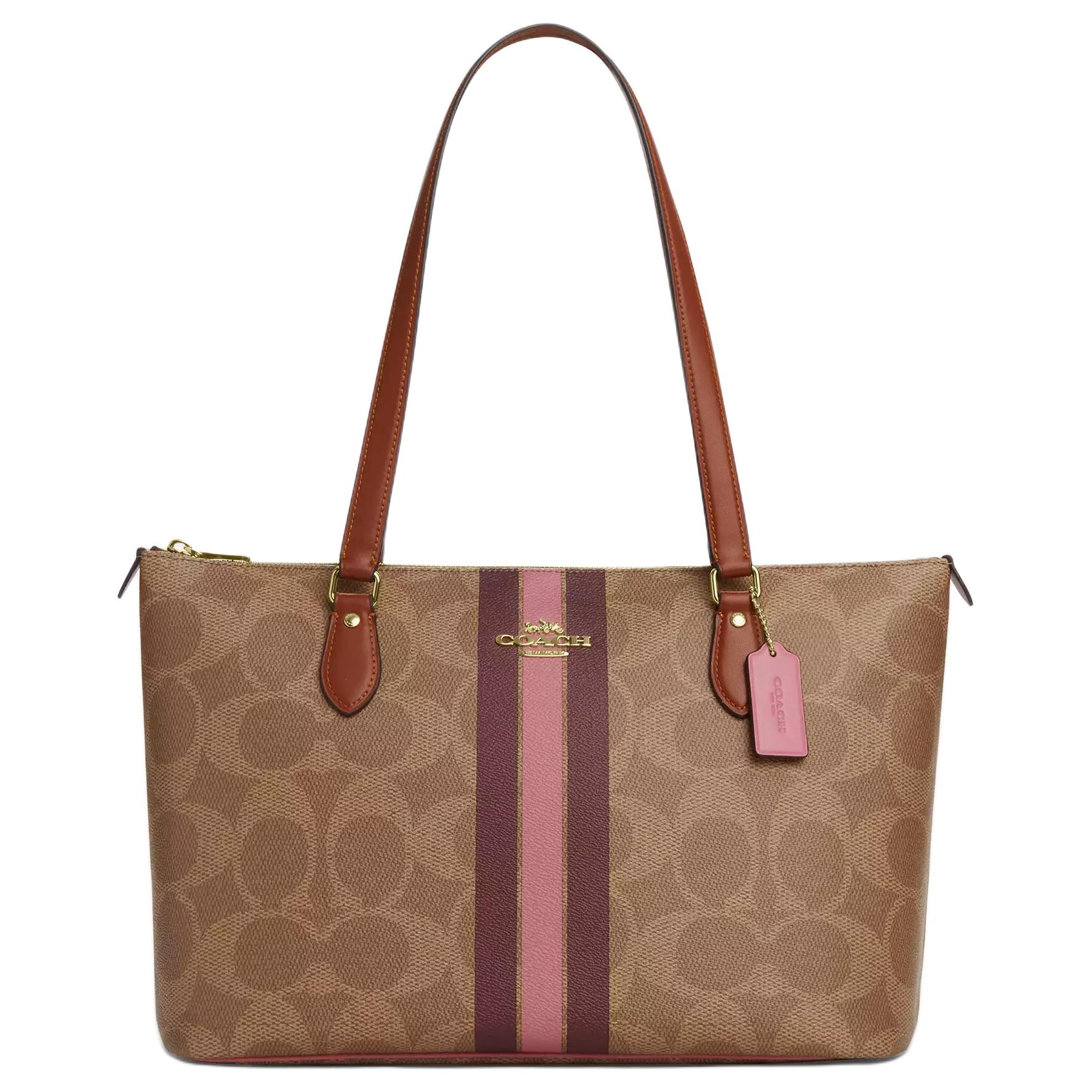 Coach Gallery 36 Striped Print Tote Bag Women tote bag Brown CBM18-IMTAM Basic Set (Bag+Dust Bag)