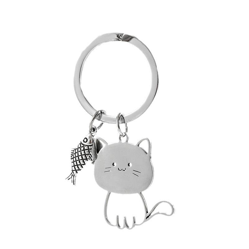 Creative Stainless Steel Cartoon Cat Couple Keychain - Cute & Simple Design