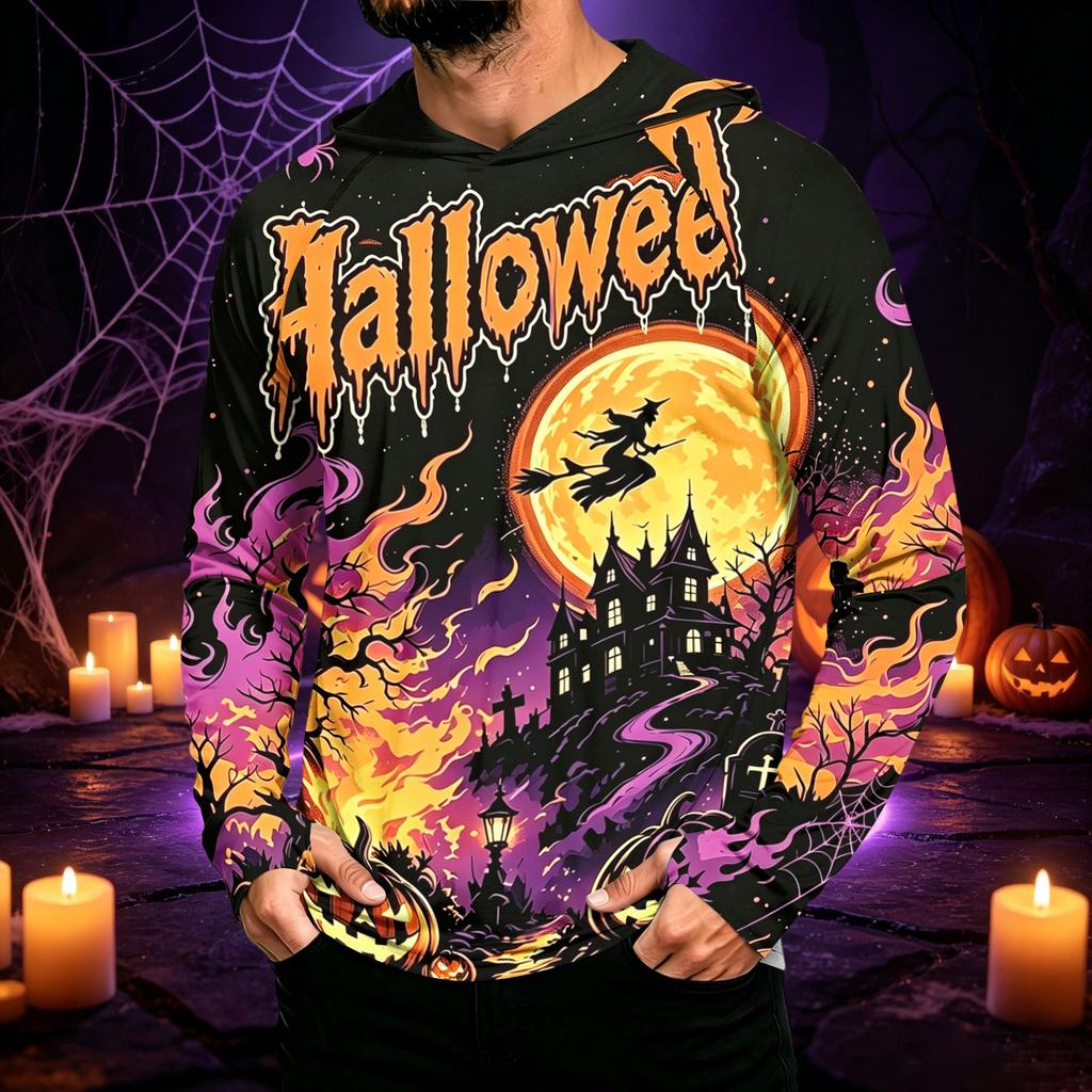 Men's Long Sleeve Hooded Sun Shirt with Halloween Print