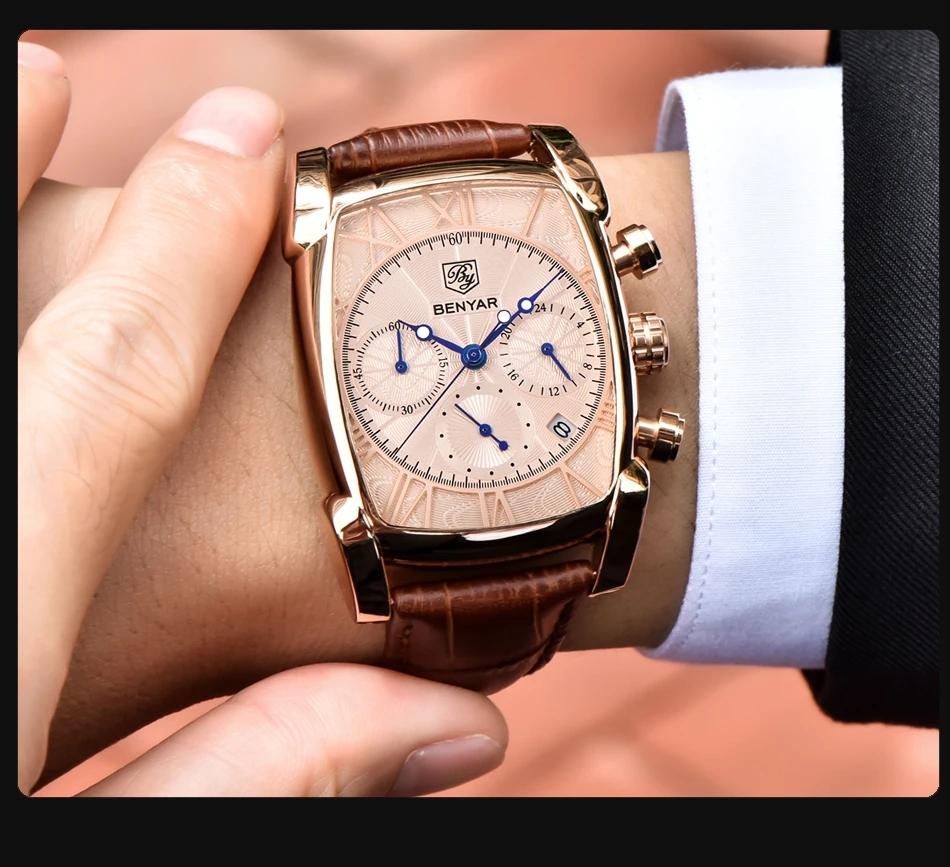 BENYAR 5113 Watch for Men Popular New Arrival Big Dial Leather Strap Western Hot Selling Square Shaped Business Man Wrist Watch