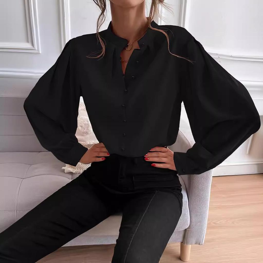 Shirt Women's Hot Style Half Open Collar Solid Color Loose Long Sleeve Elegant Temperament