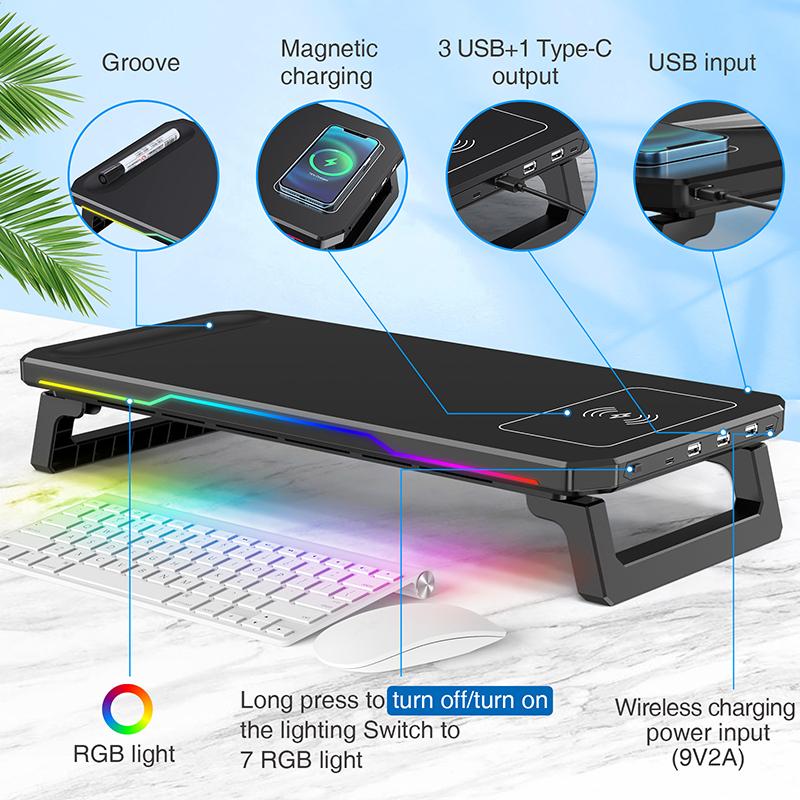 Schreibtisch-PC-Monitorständer Halterung Computerbildschirm Erhöhung Halter USB-HUB Mit RGB-Atmosphärenlampe Maus Tastatur Aufbewahrungs Organizer