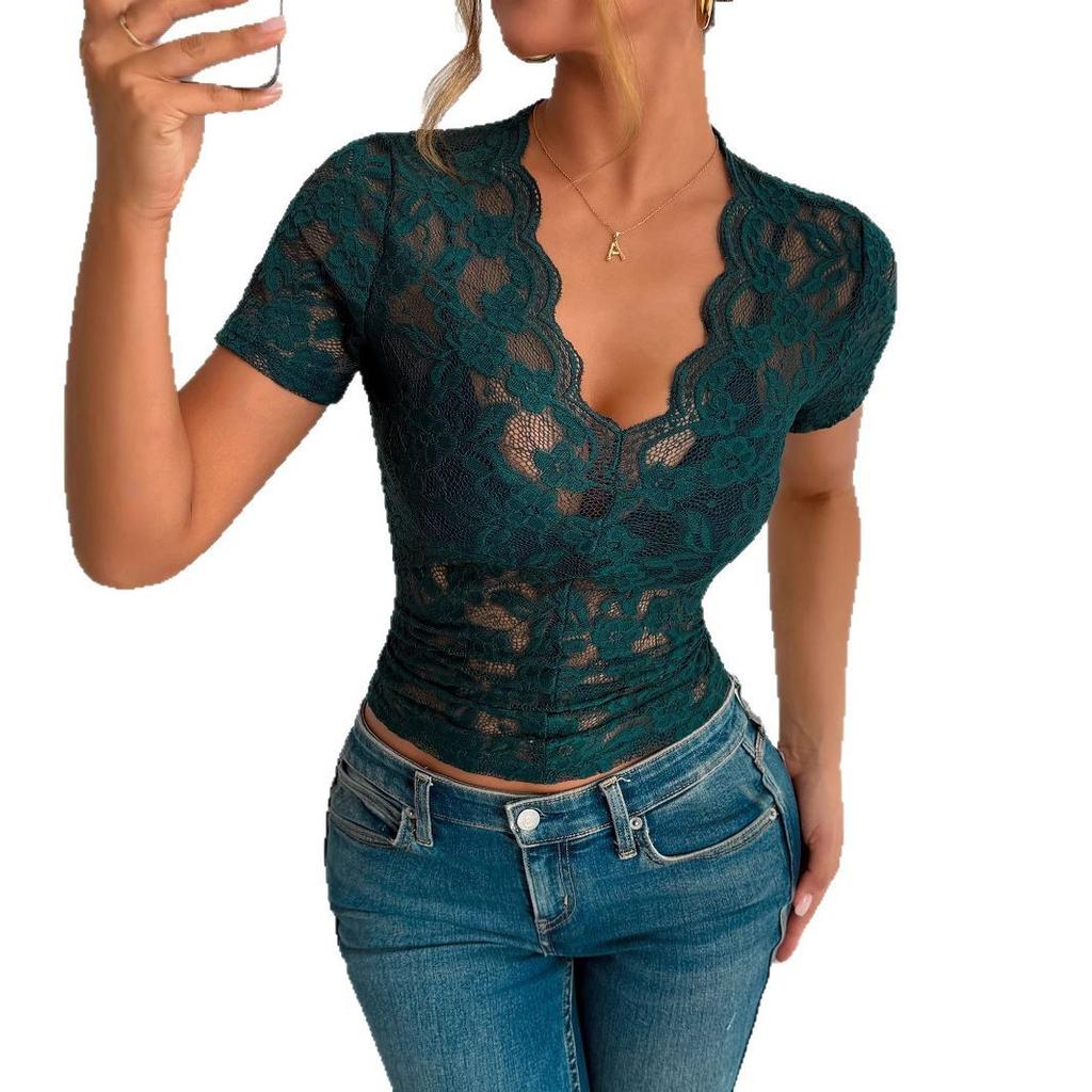 2026 Primavera Estate Nuova Camicia Monocolore Vestibilità Slim Scollo a V Manica Corta Bordi in Pizzo Può Essere Indossata Fuori Top Versatile da Donna