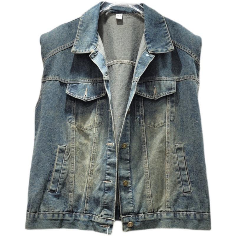 European Denim Shirt Jacket for Women, Sleeveless Padded Shoulder Jacket, Autumn Hong Kong-style Vest Vest Trendy Top