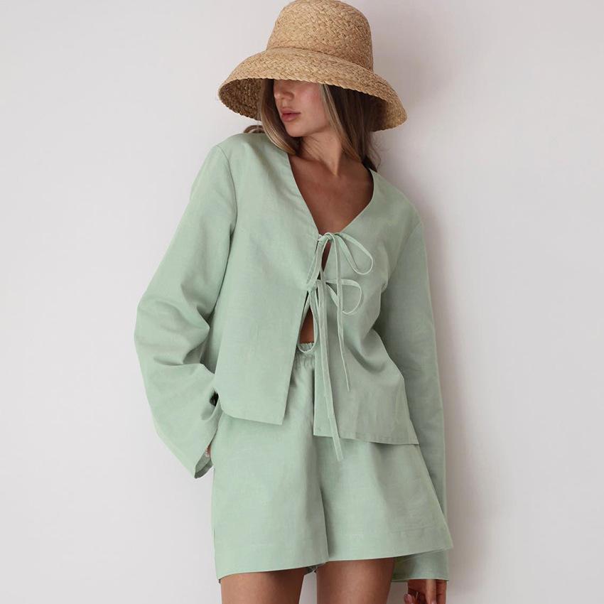 2025 Summer White Lace Up Shirts For Women‘s Elegant Loose Long Sleeve V-neck Blouse Female Solid Causal Street Chic Lady Tops