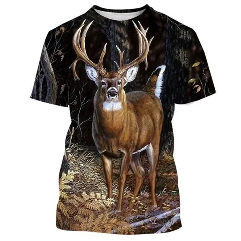 Hirsch 3D-Druck T-Shirt Lustige Tierjagd Grafik Kurzarm Rundhals T-Shirt Herren Outdoor Trend Persönlichkeit Tees