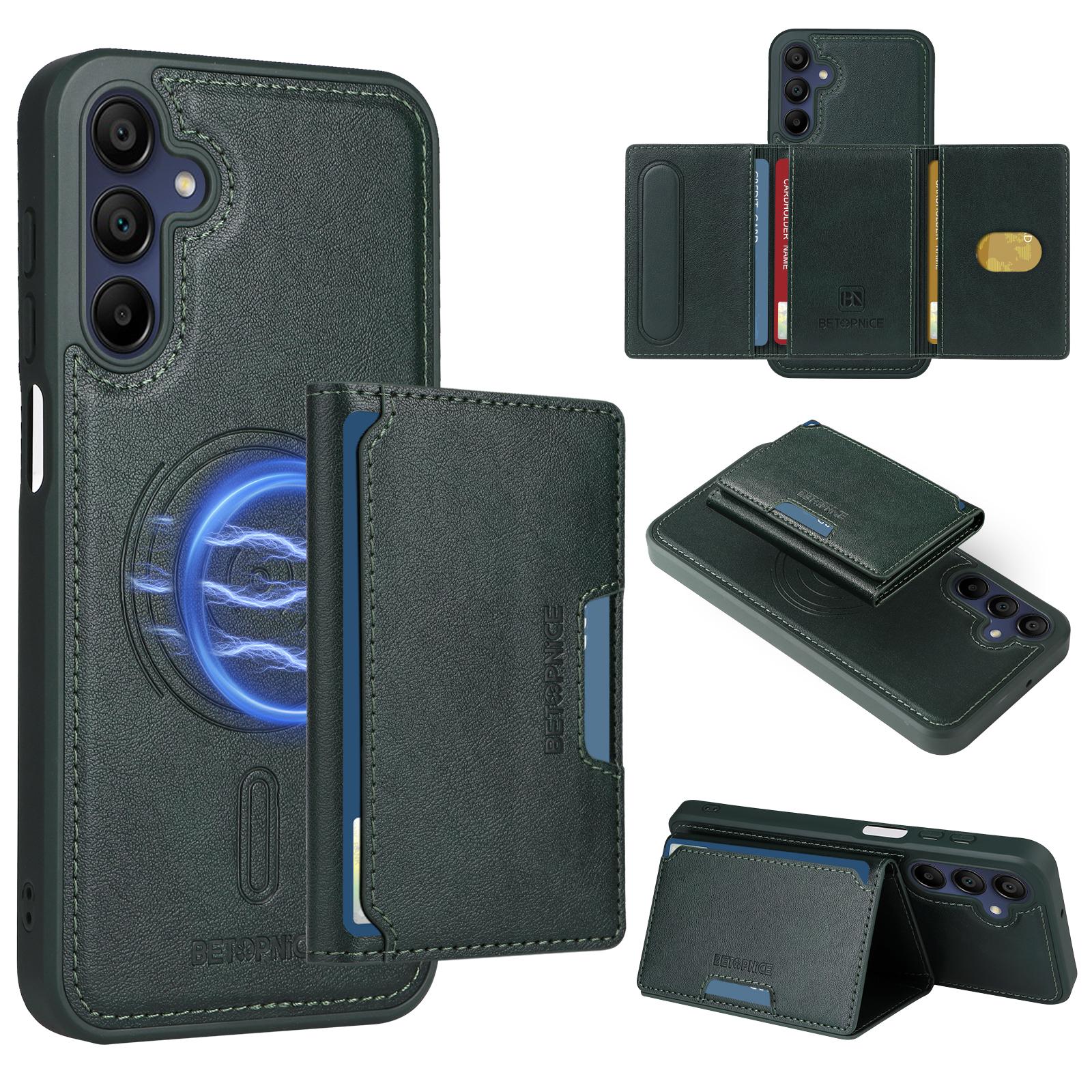 

For Samsung Galaxy A15 5G Magnetic Case BETOPNICE Leather Phone Cover Kickstand with Detachable Card Bag Green