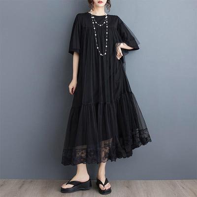 Kort mouw Plus size Zwart katoen Mesh vintage nieuw in jurken voor vrouwen casual losse lange zomerjurk