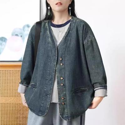 Mulher Outono V-Neck Vintage Solto Retro Casual Cowboy Casaco Nicho Mangas Compridas Personalidade Casaco